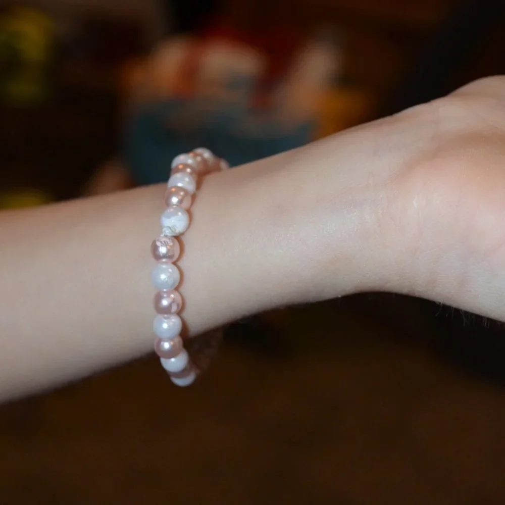 Handmade Pink&White Pearl beads Elastic bracelet